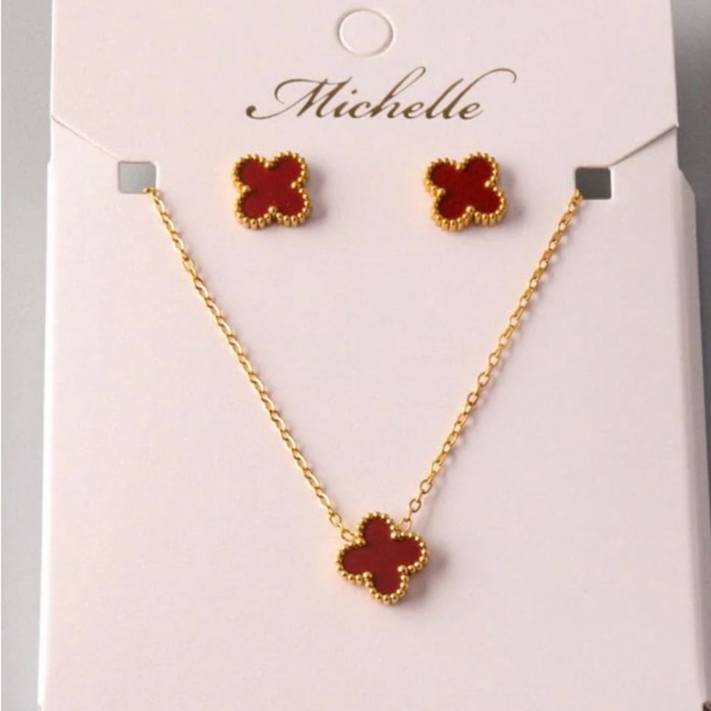 WOMEN'S STAINLESS STEEL GOLD RED EARRINGS & NECKLACE SET - Picture 2 of 2